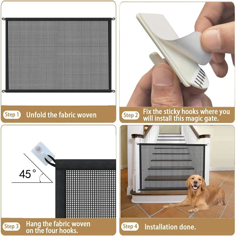 Pet Dog Barrier Fence - Folding Mesh Gate with 4 Hooks for Dog Safety